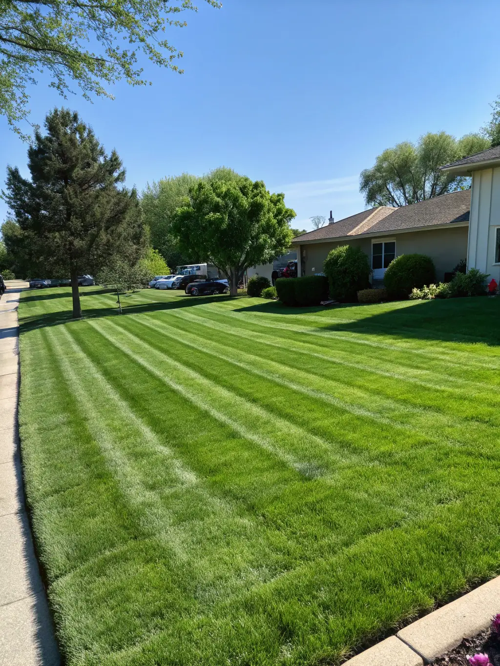 A perfectly striped, freshly mowed lawn in a suburban Greenville backyard, showcasing the precision and care of Clean & Green Outdoors LLC's mowing service.
