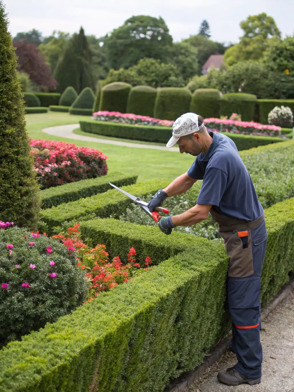 A skilled landscaper from Clean & Green Outdoors LLC carefully trimming a row of shrubs, demonstrating the precision and artistry of their shrub trimming service.