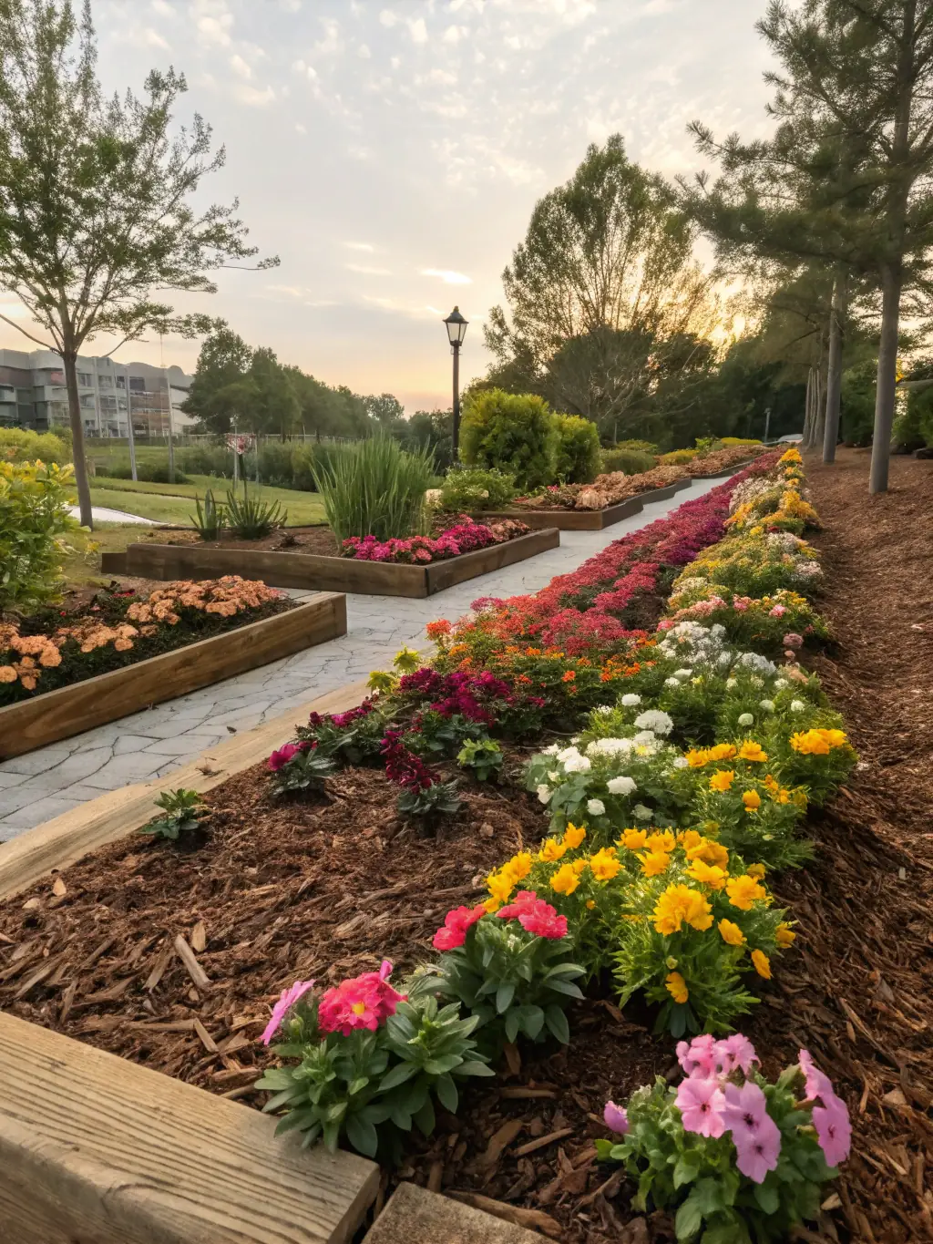 A close-up shot of rich, dark mulch being expertly applied around vibrant flower beds, illustrating Clean & Green Outdoors LLC's mulching service.